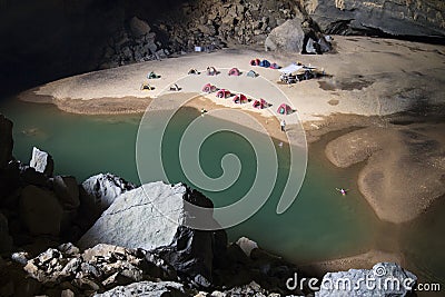 Lake inside Hang En cave, the world 3rd largest cave Stock Photo